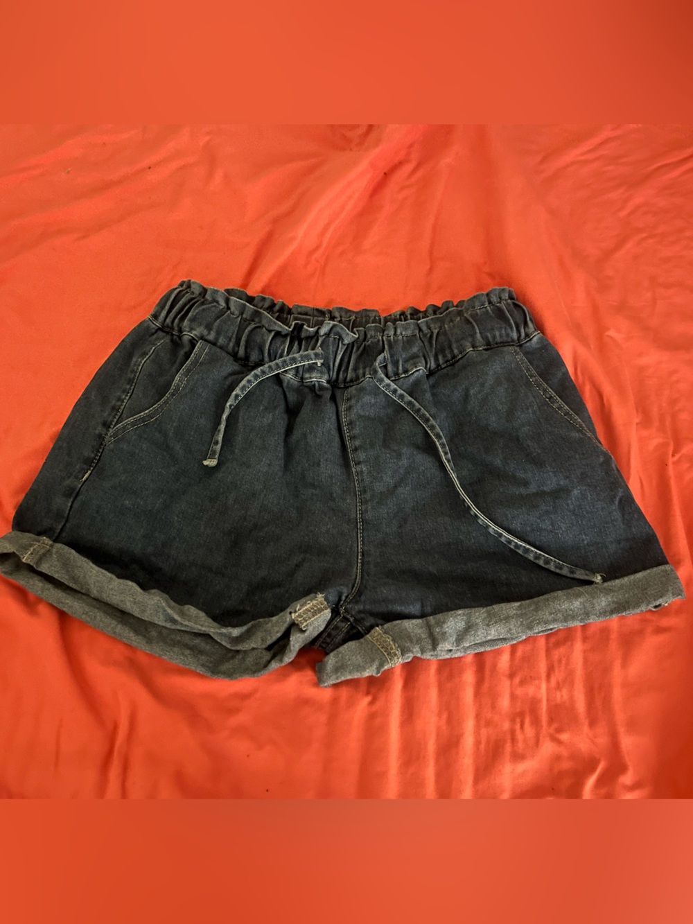 SHEIN Dark Blue Denim Drawstring Roll-Cuff Shorts